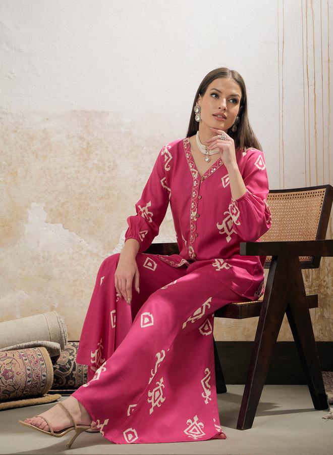 SASSAFRAS Pink and White Ethnic Rayon Shirt with Palazzos Set - Image 2