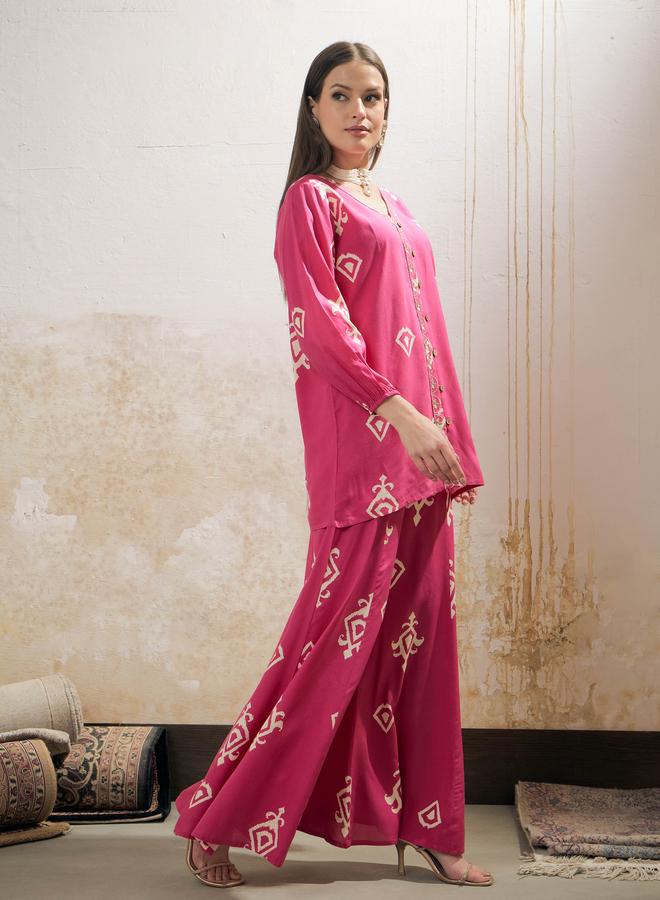 SASSAFRAS Pink and White Ethnic Rayon Shirt with Palazzos Set - Image 3