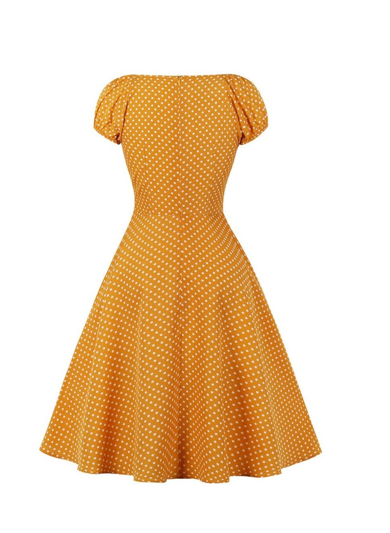 Loquat Square Neck Style Retro Large Swing Dress Yellow  - Image 2