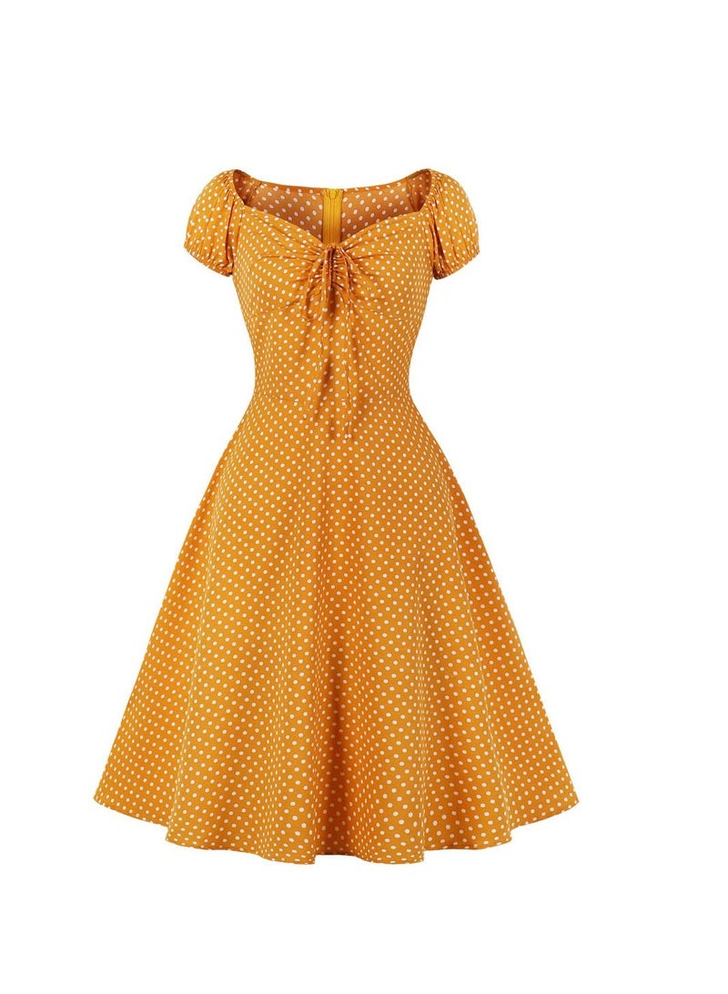 Loquat Square Neck Style Retro Large Swing Dress Yellow  - Image 1