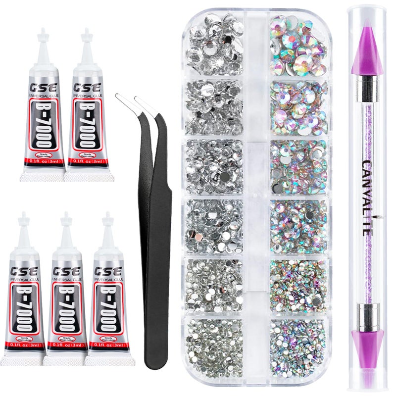 Canvalite 3348PCS Rhinestones Crystal AB Rhinestones for Nail with 5Pcs 3ml B7000 Jewelry Glue and Pick Up Tweezers and Nail Rhinestone Picker, Nail Art Tools,Stocking Stuffers Gifts for Women - Image 1