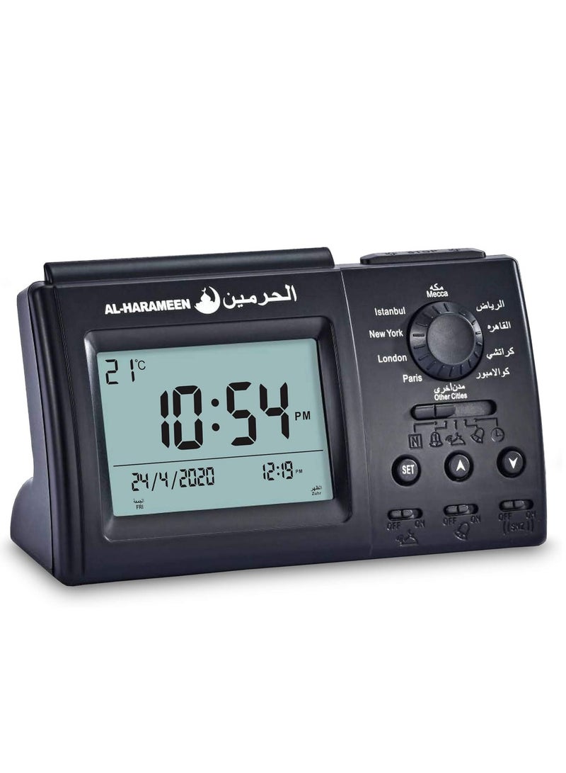 AL-HARAMEEN Al-Harameen Portable Azan Clock, Alarm & Calendar Functions, Compact Construction, Sleek Design, Seamless Functionality, Rectangular Shape, Black - Image 1