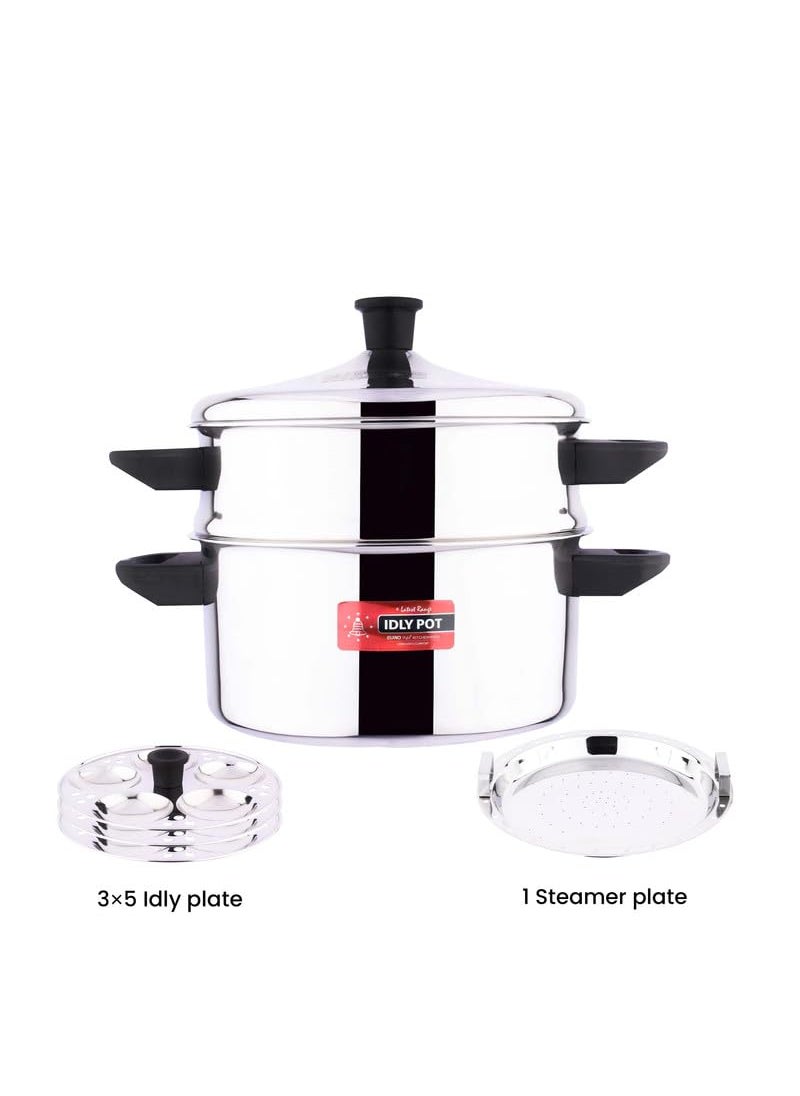 EUROstyle KITCHENWARE COOK WITH COMFORT EuroStyle American Steamer 15 Deluxe Stainless Steel idli Cookware 3 idli Plates 1 Steamer Plate For Fluffy Idlies Dhokla Stainless Steel EUS_AS_15_Deluxe  - Image 2