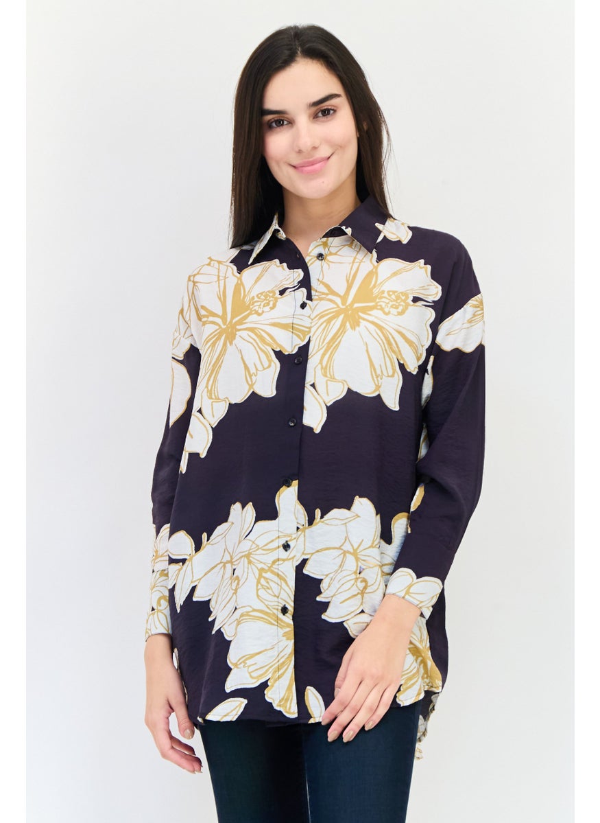 Kathy Ireland Women Spread Collar Long Sleeve Floral Print Shirts, Multicolor  - Image 1