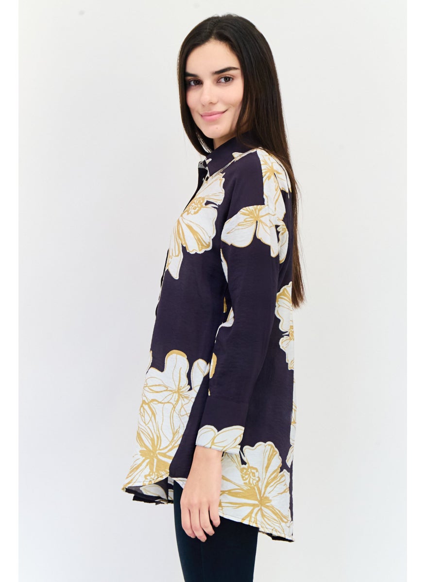 Kathy Ireland Women Spread Collar Long Sleeve Floral Print Shirts, Multicolor  - Image 3