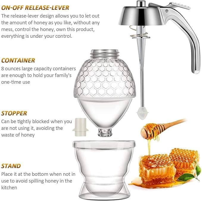 VHBIE VHBIE Honey Dispenser with Stand | Syrup and Sugar Jar Pot, No Drip Honey Dispenser with High Capacity  - Image 5