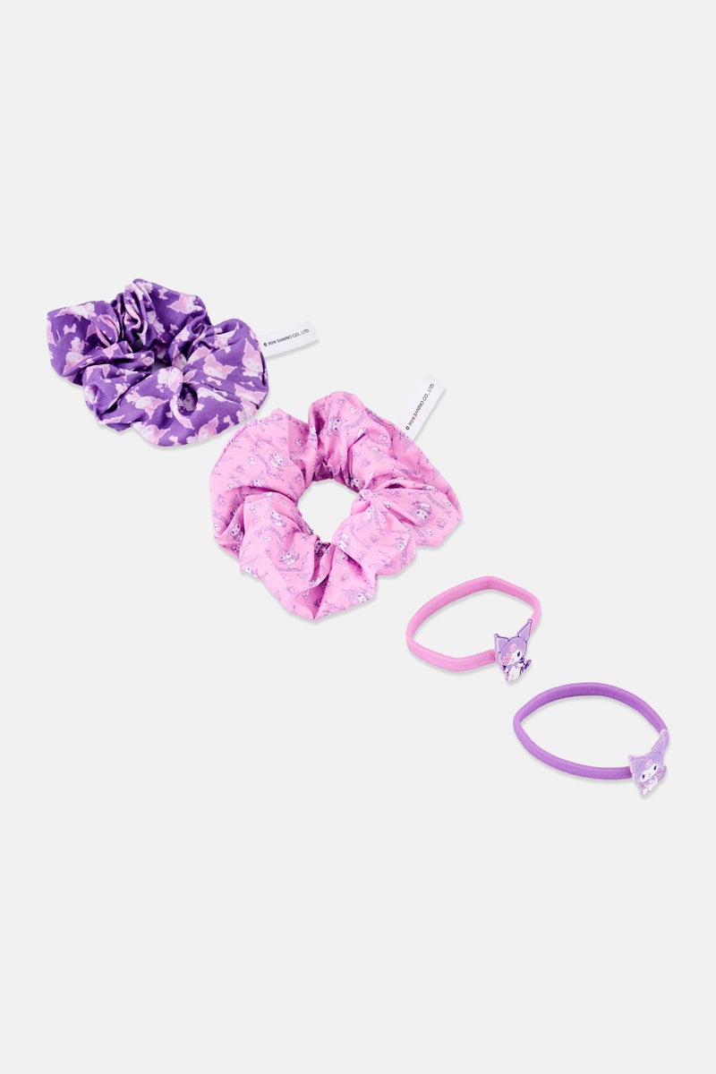 Sanrio Kids Girl 4 Pcs Kuromi Scrunchies And Hair Band Set, Multicolor - Image 3