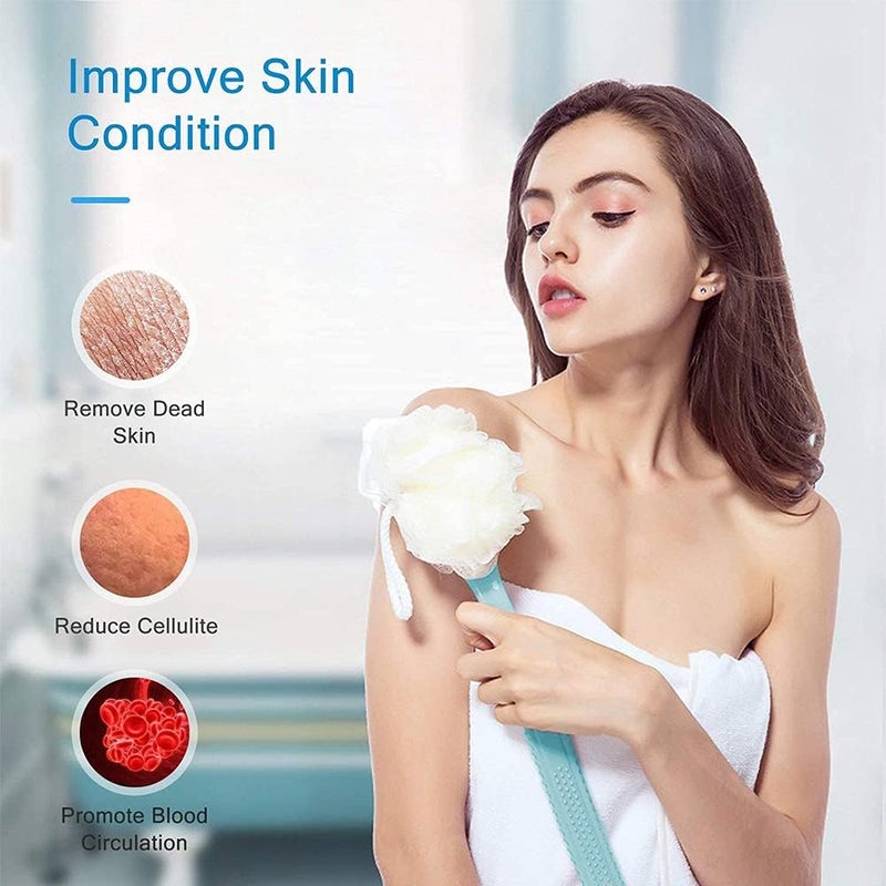 فرشاة حمام بمقبض طويل 2 في 1 مع لوفة ناعمة وصوف نايلون ، إسفنجة شبكية لتنظيف الظهر لحمام تقشير البشرة ، تدليك مناسب للاستخدام الرطب أو الجاف ، للرجال والنساء (أزرق) - Image 4