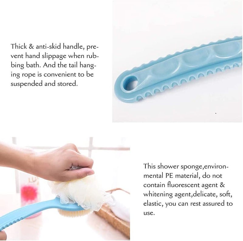 فرشاة حمام بمقبض طويل 2 في 1 مع لوفة ناعمة وصوف نايلون ، إسفنجة شبكية لتنظيف الظهر لحمام تقشير البشرة ، تدليك مناسب للاستخدام الرطب أو الجاف ، للرجال والنساء (أزرق) - Image 3