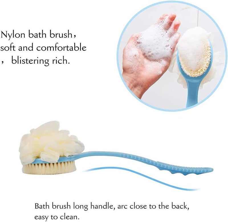 فرشاة حمام بمقبض طويل 2 في 1 مع لوفة ناعمة وصوف نايلون ، إسفنجة شبكية لتنظيف الظهر لحمام تقشير البشرة ، تدليك مناسب للاستخدام الرطب أو الجاف ، للرجال والنساء (أزرق) - Image 2