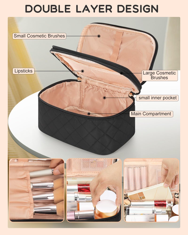 Relavel Travel Makeup Bag, Large Cosmetic Bag with Separate Makeup Brush Compartment, Cute Make Up Pouch for Women, Double Layer Toiletry Organizer Bag for Travel - Black - Image 3