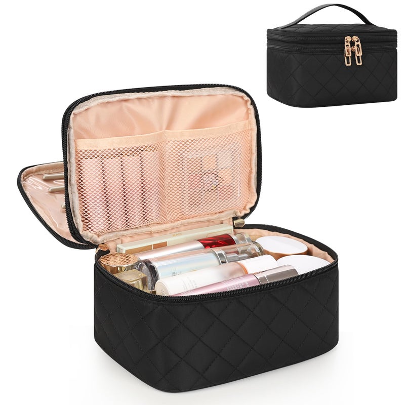 Relavel Travel Makeup Bag, Large Cosmetic Bag with Separate Makeup Brush Compartment, Cute Make Up Pouch for Women, Double Layer Toiletry Organizer Bag for Travel - Black - Image 1