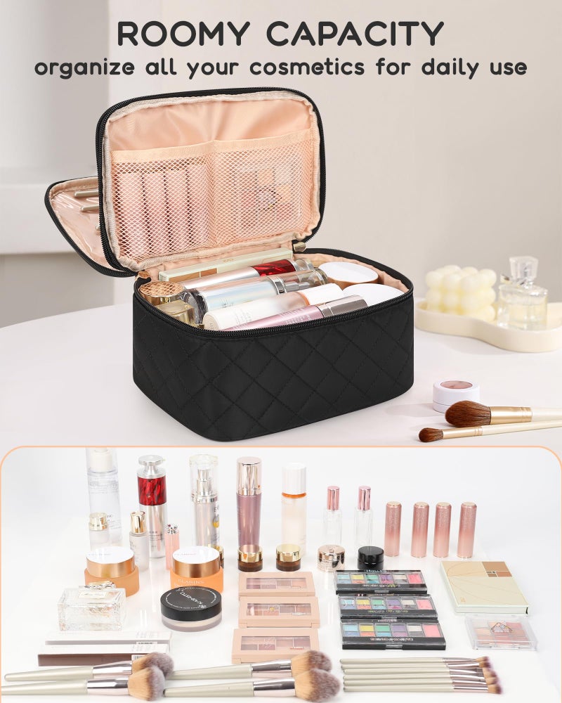 Relavel Travel Makeup Bag, Large Cosmetic Bag with Separate Makeup Brush Compartment, Cute Make Up Pouch for Women, Double Layer Toiletry Organizer Bag for Travel - Black - Image 4