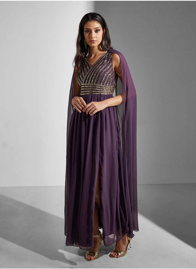 Amelia Rose Embellished Cape Sleeves Maxi Dress  - Image 1