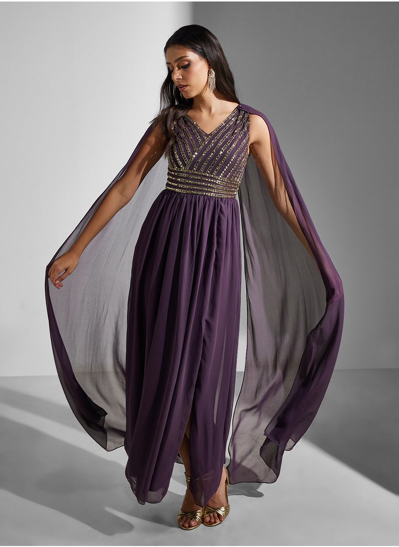 Amelia Rose Embellished Cape Sleeves Maxi Dress  - Image 4