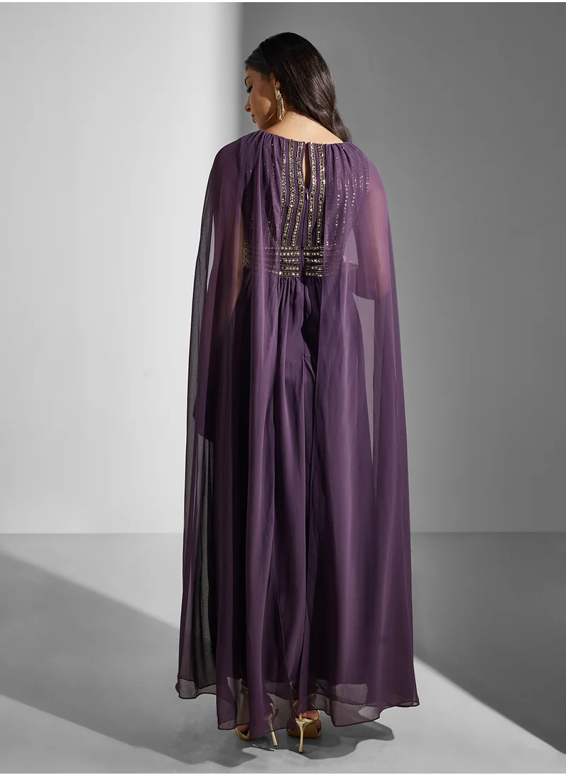 اميليا روز Embellished Cape Sleeves Maxi Dress