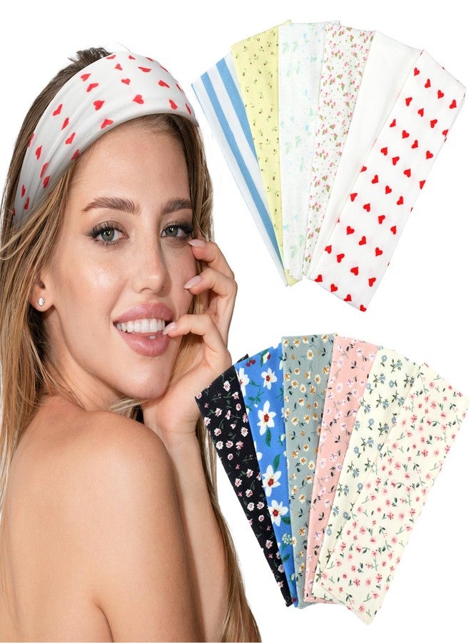 Skicuff مجموعة سكيكوف من 12 ربطة شعر عصرية مزينة بالزهور للنساء، ربطات شعر مطاطية مانعة للانزلاق، ربطات شعر من قماش ناعم مانع للانزلاق، إكسسوارات شعر مستوحاة من موضة الألفية الجديدة، ربطات شعر مخططة سميكة للفتيات، مناسبة لتمارين اليوغا - Image 1