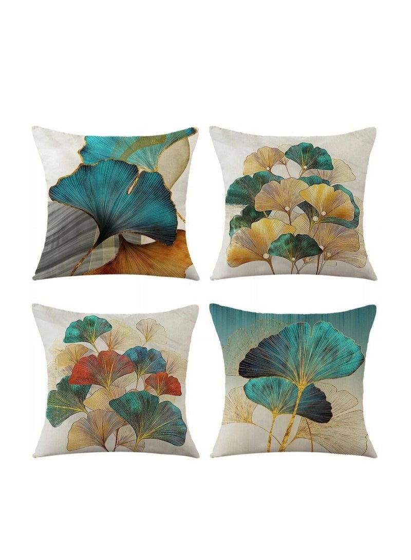 عبوة من 4 أكياس وسائد، أغطية وسائد مربعة من الكتان مقاس 18 × 18 بوصة، أغطية وسائد بأوراق نباتات استوائية باللونين الأخضر والذهبي، أغطية وسائد، وسائد أريكة - مناسبة لوسائد الأريكة، والوسائد، وأغطية وسائد الأريكة - Image 1