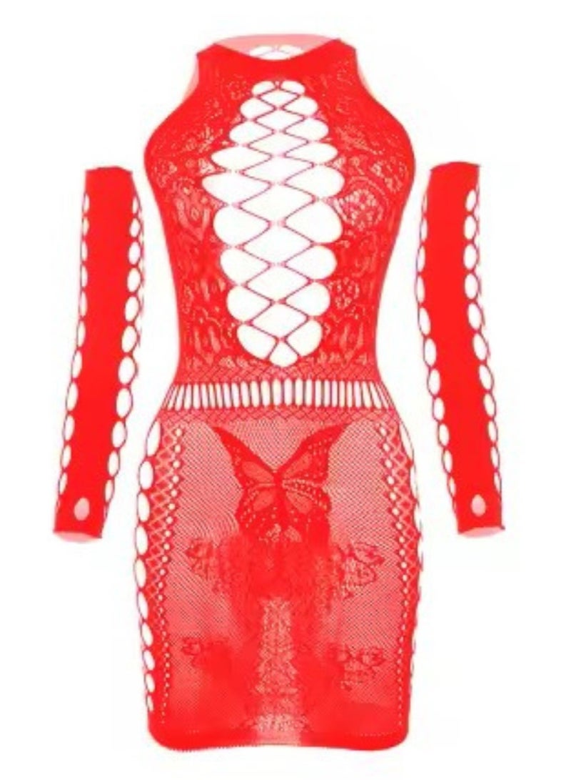Remy Belle Remy Belle Women Red Fishnet Long Sleeve Bodystocking One Size Bodysuit (Red, One size) 