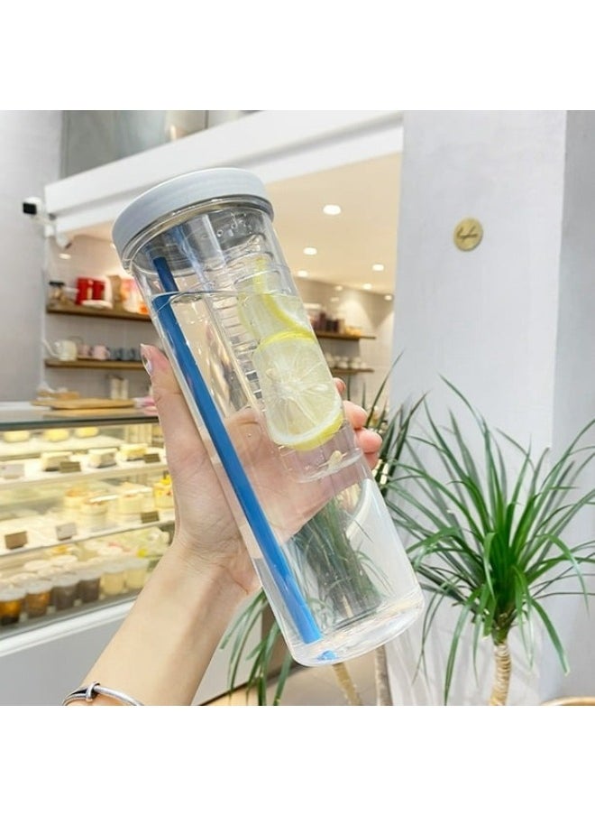 Detox Bottle Fruit Infuser with Straw Juice Drinking Bottle Portable Transparent Sports Water Bottle Large Capacity for Home, Office, Gym 700ml (Grey, Pack of 1)