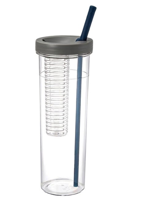 Detox Bottle Fruit Infuser with Straw Juice Drinking Bottle Portable Transparent Sports Water Bottle Large Capacity for Home, Office, Gym 700ml (Grey, Pack of 1)