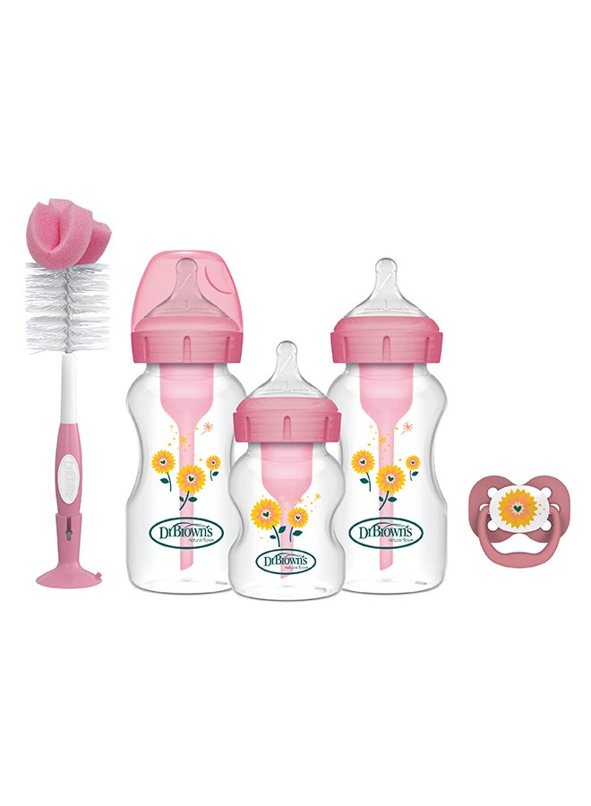 Dr. Brown’s PP W-N Anti-Colic Options+ Baby Bottle, PINK Gift Set (2x270 & 1x150 mL bottles, 1 bottle brush, 1 pacifier, 2 cleaning brushes) - Image 1