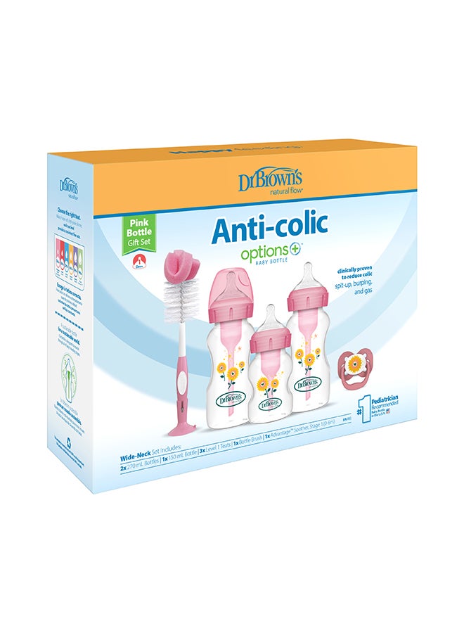 Dr. Brown’s PP W-N Anti-Colic Options+ Baby Bottle, PINK Gift Set (2x270 & 1x150 mL bottles, 1 bottle brush, 1 pacifier, 2 cleaning brushes) - Image 2