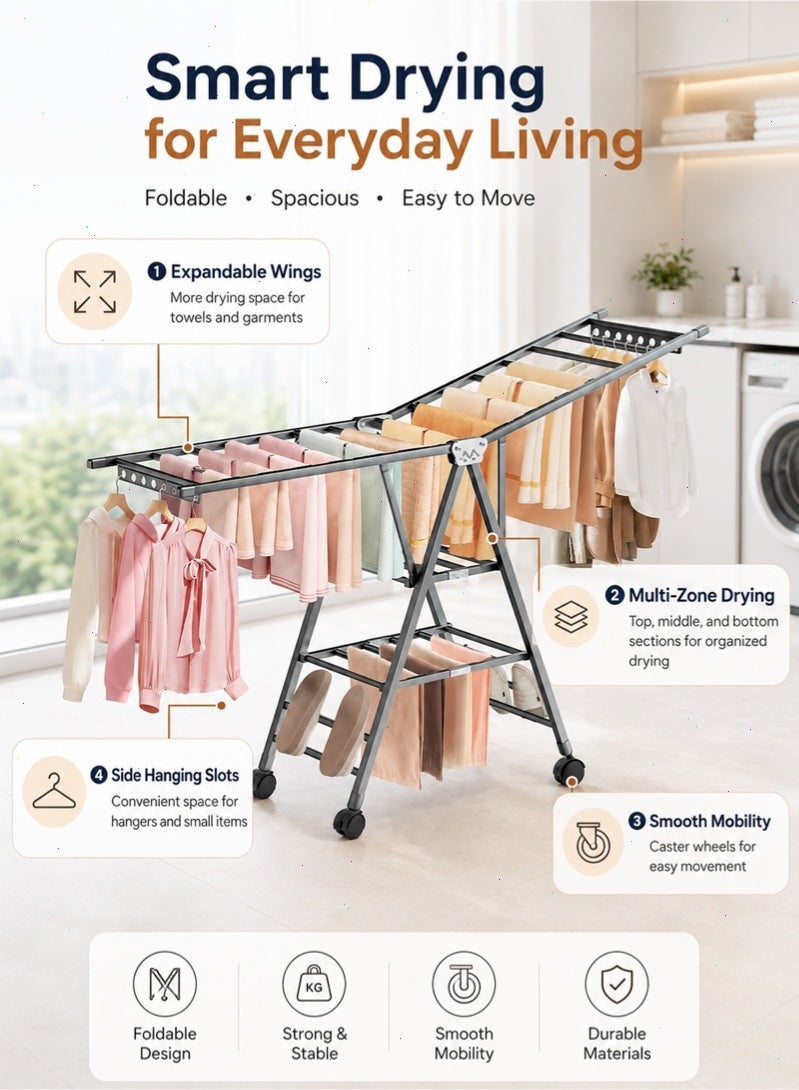 Topyich 3-Tier Foldable Clothes Drying Rack 160cm, Expandable Steel Laundry Stand with Wheels, Large Capacity Clothes Dryer for Indoor & Outdoor Balcony - Image 3
