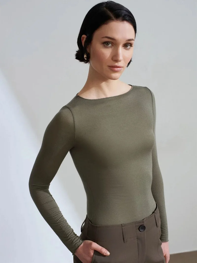 ديلفين DILVIN Slim Fit Boat Neck Long Sleeve Knit Blouse