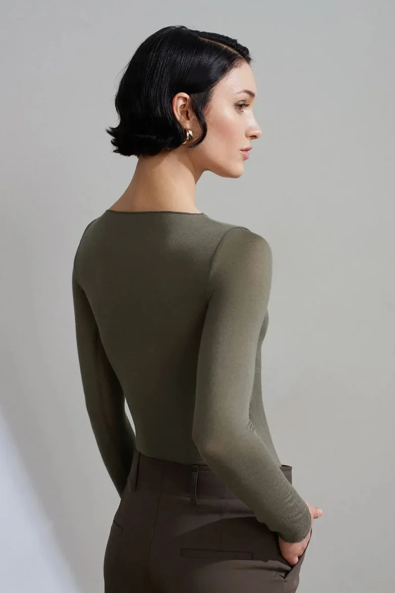 Dilvin Olive Green DILVIN Slim Fit Boat Neck Long Sleeve Knit Blouse for Women | Best Price UAE