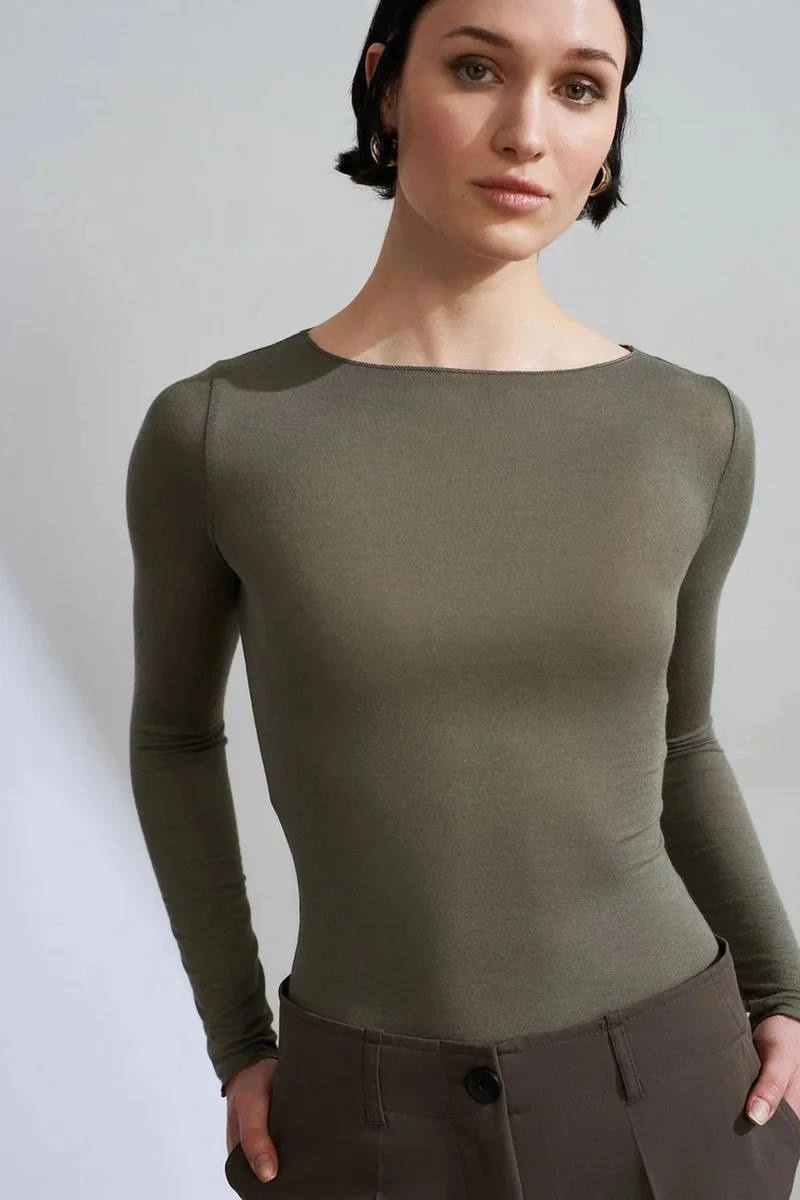 Dilvin Olive Green DILVIN Slim Fit Boat Neck Long Sleeve Knit Blouse for Women | Best Price UAE