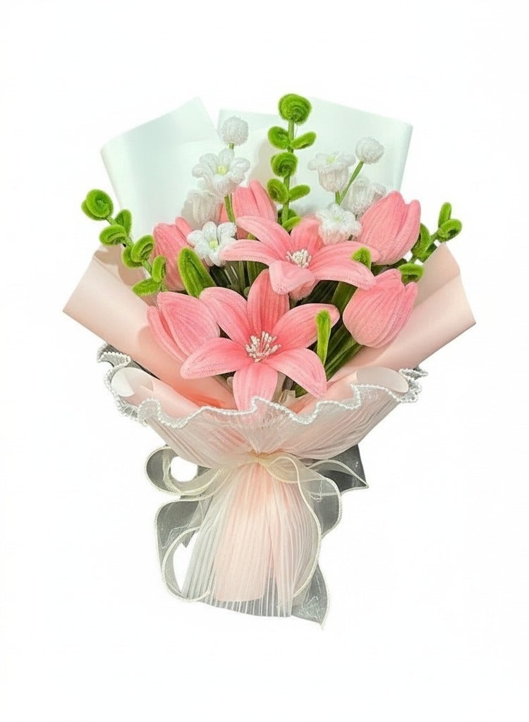 Hand-Woven Fluffy Artificial Tulip & Lily Bouquet Gift Set - With Gift Bag for Graduation, Eid, Holiday, Birthday Gift & Home Decor (36cm Height) - Image 1