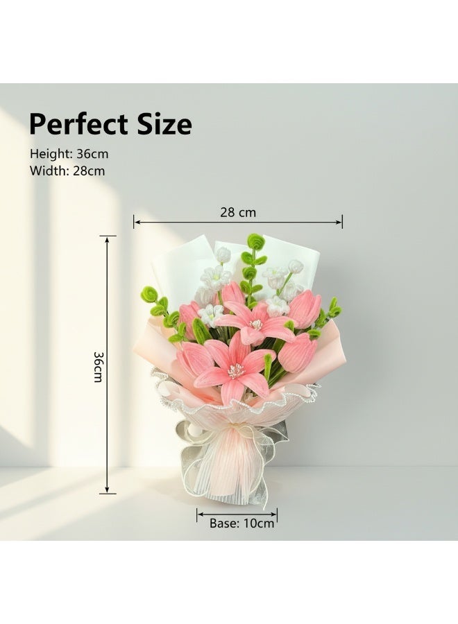 Hand-Woven Fluffy Artificial Tulip & Lily Bouquet Gift Set - With Gift Bag for Graduation, Eid, Holiday, Birthday Gift & Home Decor (36cm Height) - Image 2