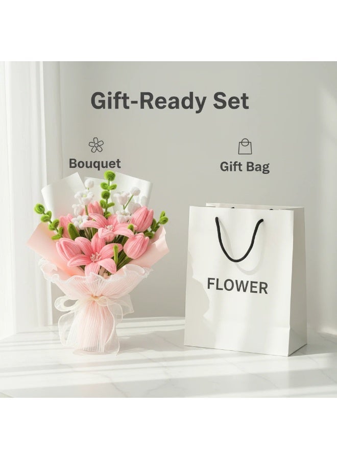 Hand-Woven Fluffy Artificial Tulip & Lily Bouquet Gift Set - With Gift Bag for Graduation, Eid, Holiday, Birthday Gift & Home Decor (36cm Height) - Image 3