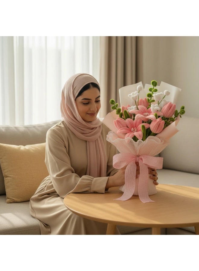 Hand-Woven Fluffy Artificial Tulip & Lily Bouquet Gift Set - With Gift Bag for Graduation, Eid, Holiday, Birthday Gift & Home Decor (36cm Height) - Image 4