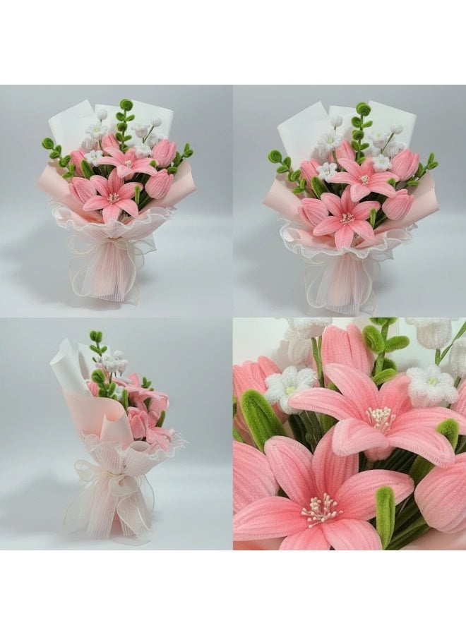 Hand-Woven Fluffy Artificial Tulip & Lily Bouquet Gift Set - With Gift Bag for Graduation, Eid, Holiday, Birthday Gift & Home Decor (36cm Height) - Image 5