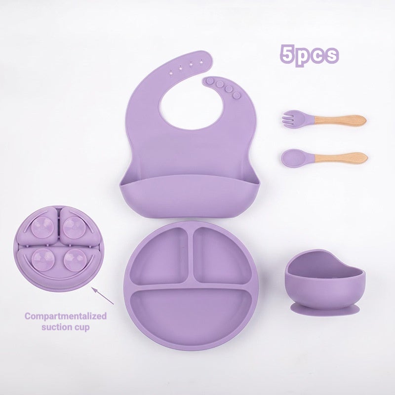 5-Pieces Silicone Baby Feeding Set, Baby Led Weaning Supplies with Suction Bowl and Divided Plate, Wooden Spoon and Fork, Toddler Tableware Set with Adjustable Soft Silicone Bib - Image 1