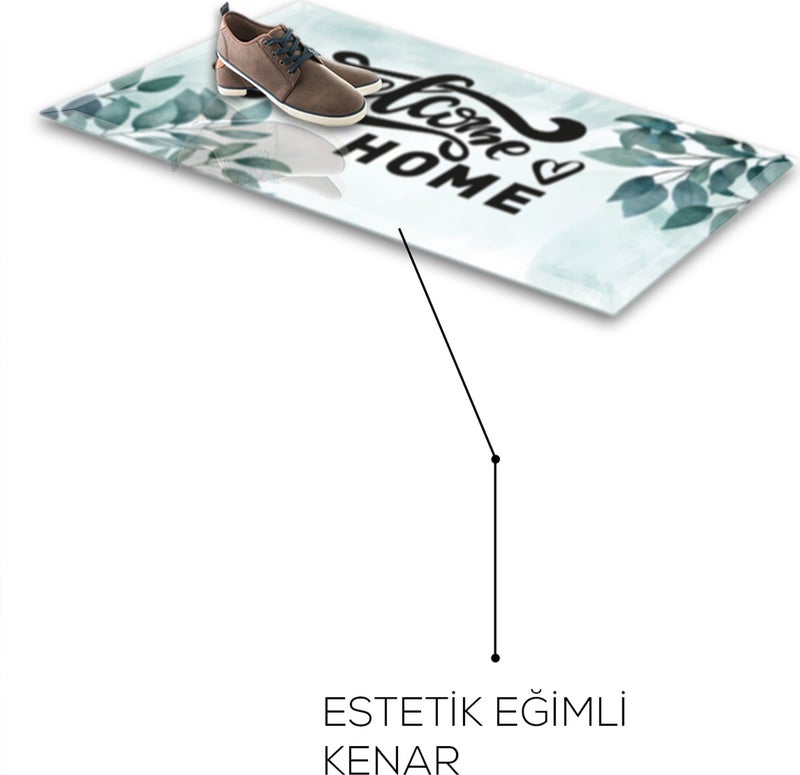 Glass Door Mat | Non-Slip Glass Mat | Welcome Home - Green Flower Pattern |