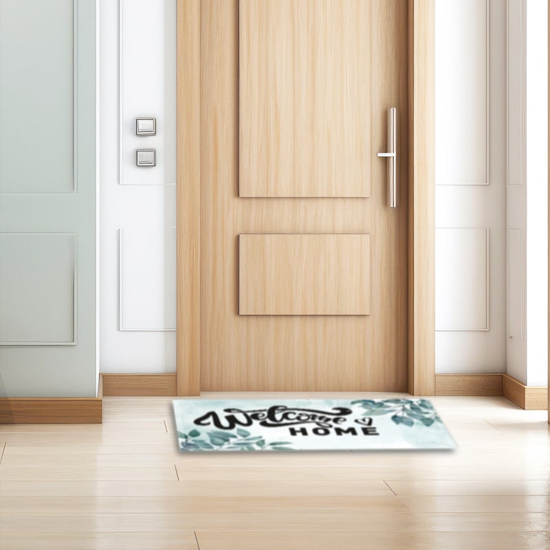 Glass Door Mat | Non-Slip Glass Mat | Welcome Home - Green Flower Pattern |
