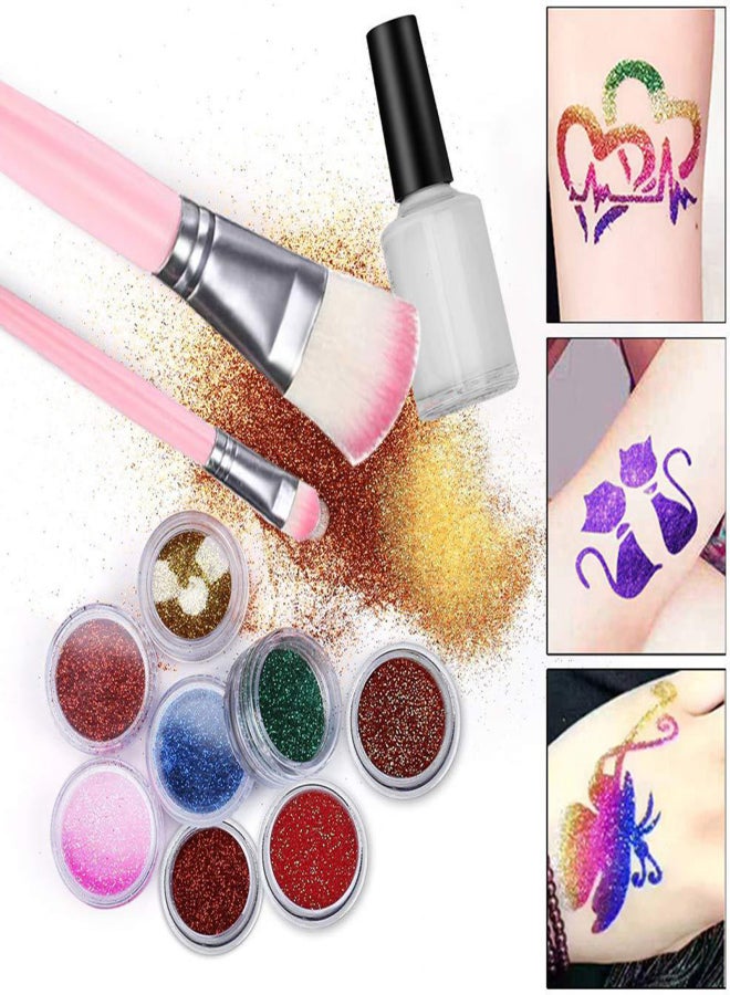 مجموعة بودرة لامعة، ٢٤ زجاجة من بودرة لامعة ناعمة مع غراء وفرش وقوالب للوشم وفن الجسم ومكياج الحفلات وفن الوجه والأظافر، بودرة وشم مؤقتة، مجموعة بودرة لامعة سائبة للتجميل - Image 3
