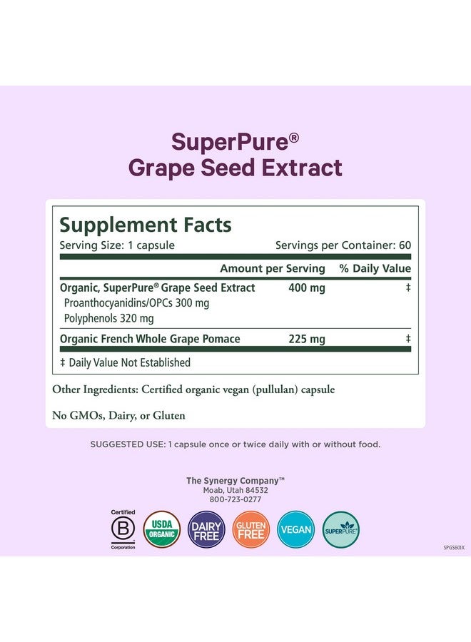 Pure Synergy SuperPure Grape Seed Extract | Organic Grape Seed Polyphenols Supplement with Whole Fruit | for Heart Health, Skin, and Healthy Aging Support (60 Capsules) - Image 2