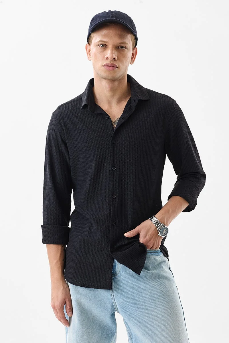 سنيتش Black Textured Long Sleeve Slim Fit Shirt