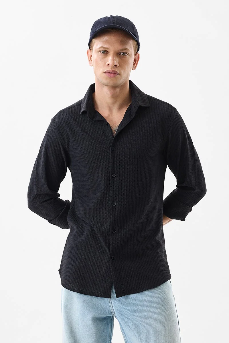 SNITCH Black Textured Long Sleeve Slim Fit Shirt