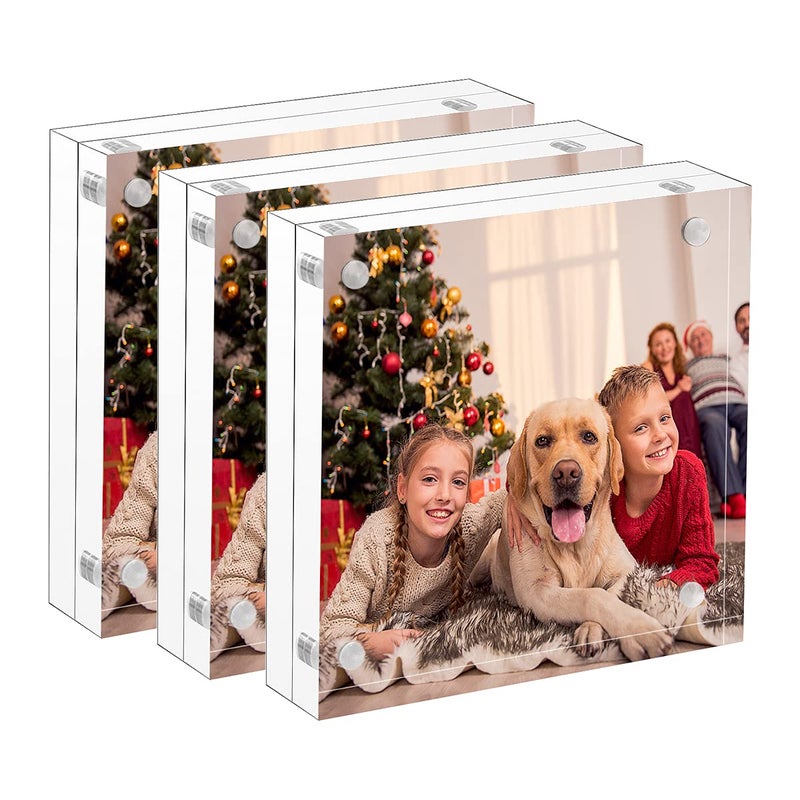NIUBEE NIUBEE 5x5 Clear Acrylic Picture Frames 3 Pack 20 Thicker Blocks Self Standing Magnetic Photo Frame Desktop Card Display 
