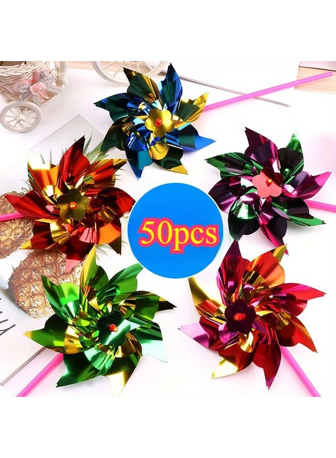 50pcs Colorful Sequin Windmills Holographic Plastic DIY Craft Yard Holiday Decoration - Image 1