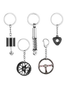 Car Parts Model Key Chains Set, Steering Wheel Metal Keychain Tire Rim Keychain, Spring Keychain Manual, Transmission Shift Lever Key Chain Rotor Engine Key Ring Holder, 5 Pcs