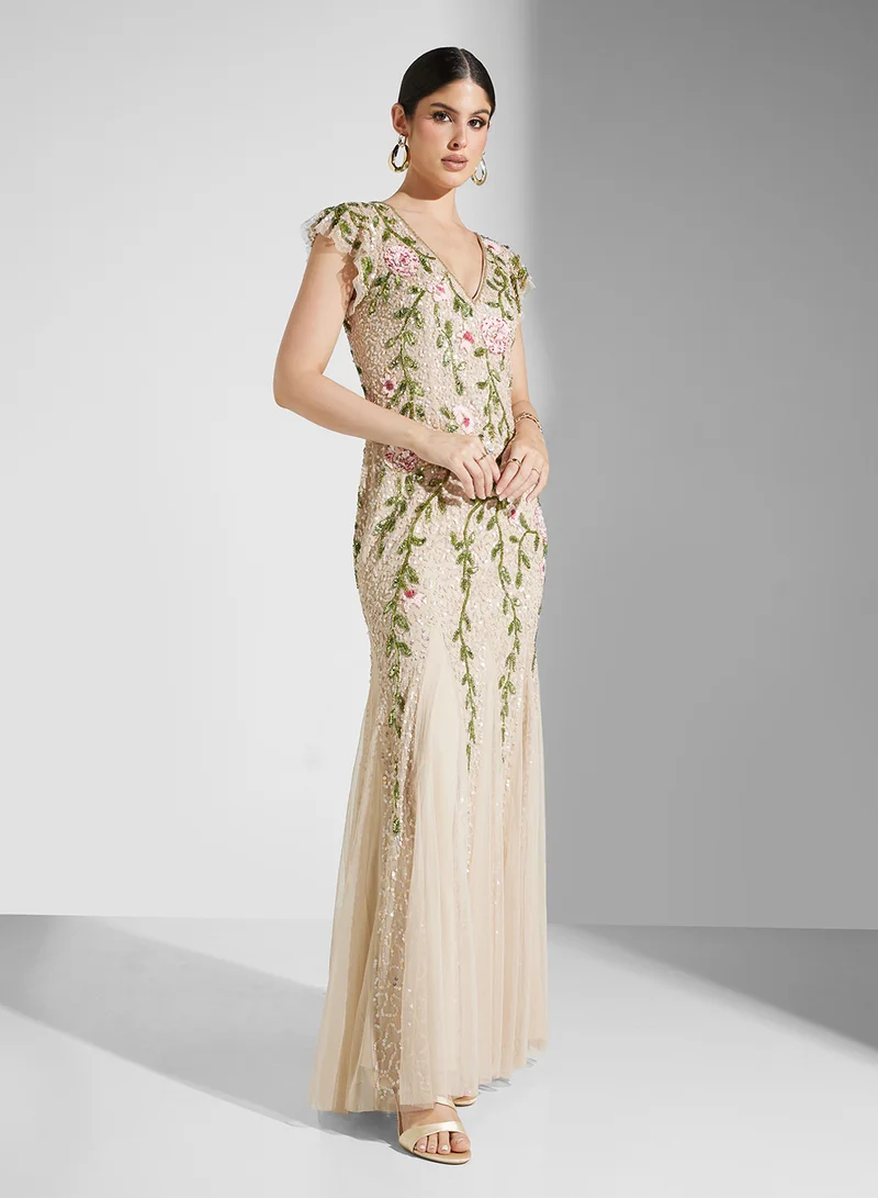 Adrianna Papell Floral Beaded Gown Dress