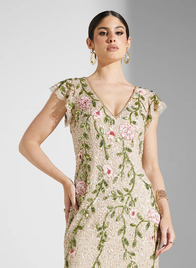 Adrianna Papell Floral Beaded Gown Dress