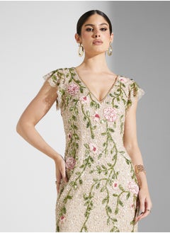 Adrianna Papell Embellished Floral V-Neck Dress  - Image 3