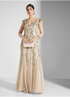 Adrianna Papell Embellished Floral V-Neck Dress  - Image 1